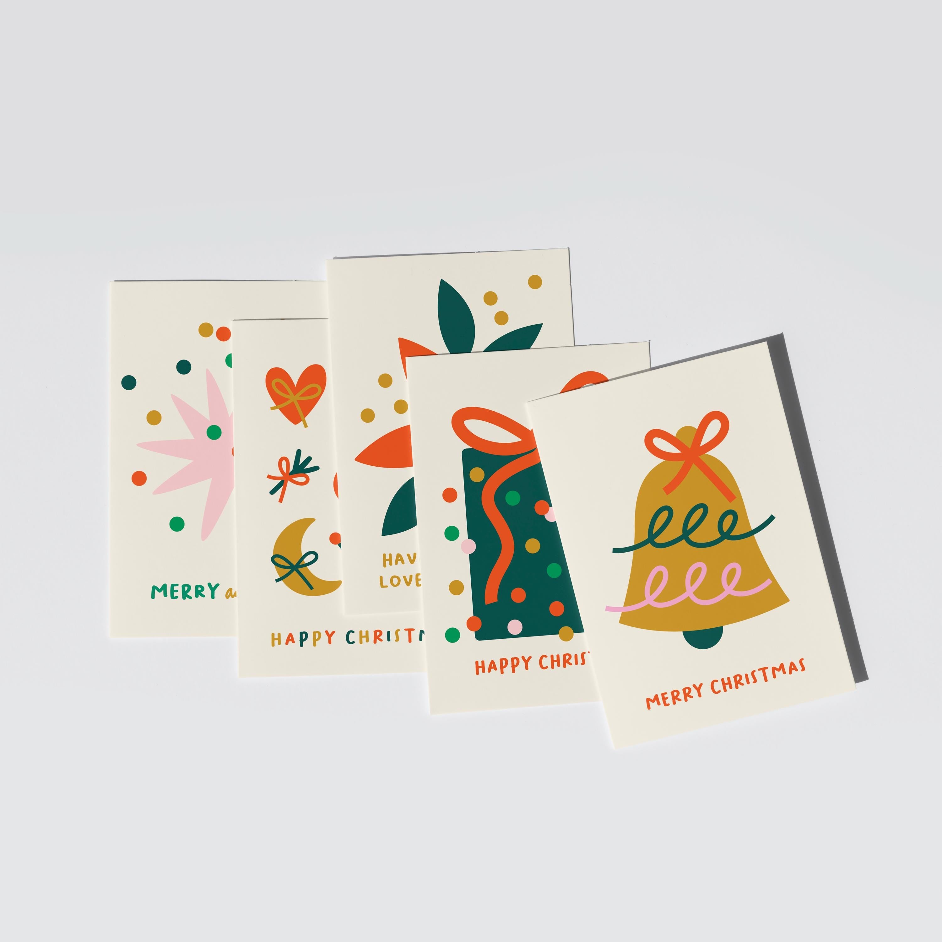 Cute Christmas card set of 5 featured christmas bell, christmas gift, and christmas bow