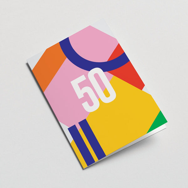50th milestone age card with red yellow blue pink orange figures and number 50