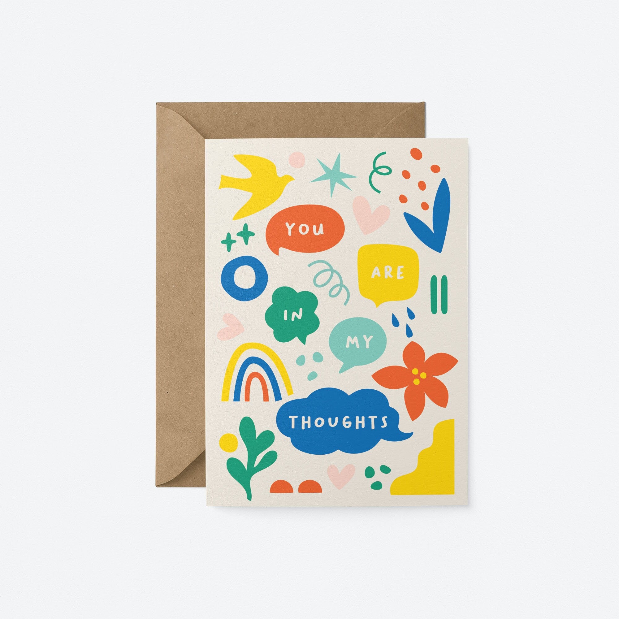 Greeting card with yellow, red, blue, green, pink figures and a text that says You are in my thoughts