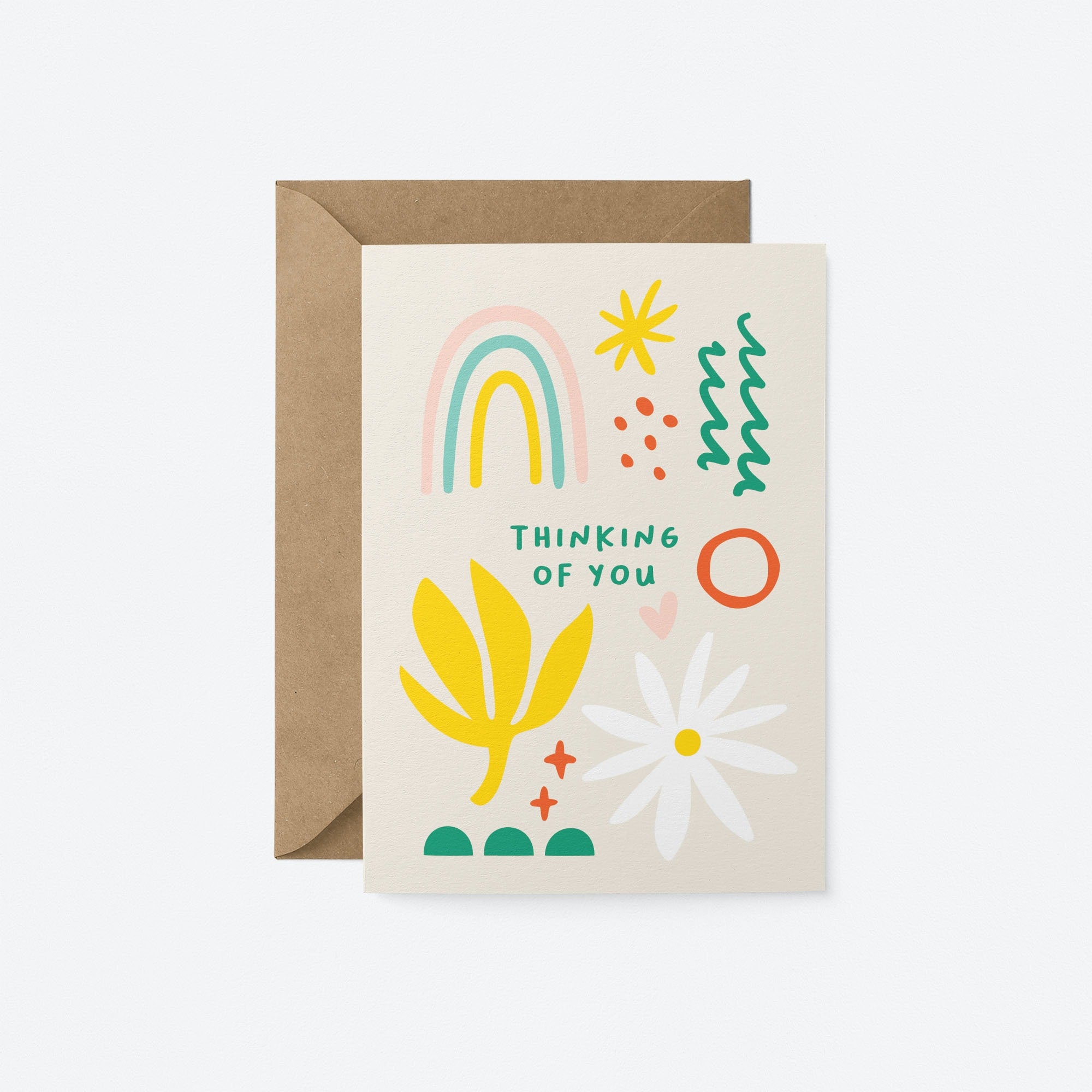 Sympathy card with rainbow, white flower, yellow plant, green, red and yellow figures with a text that says thinking of you