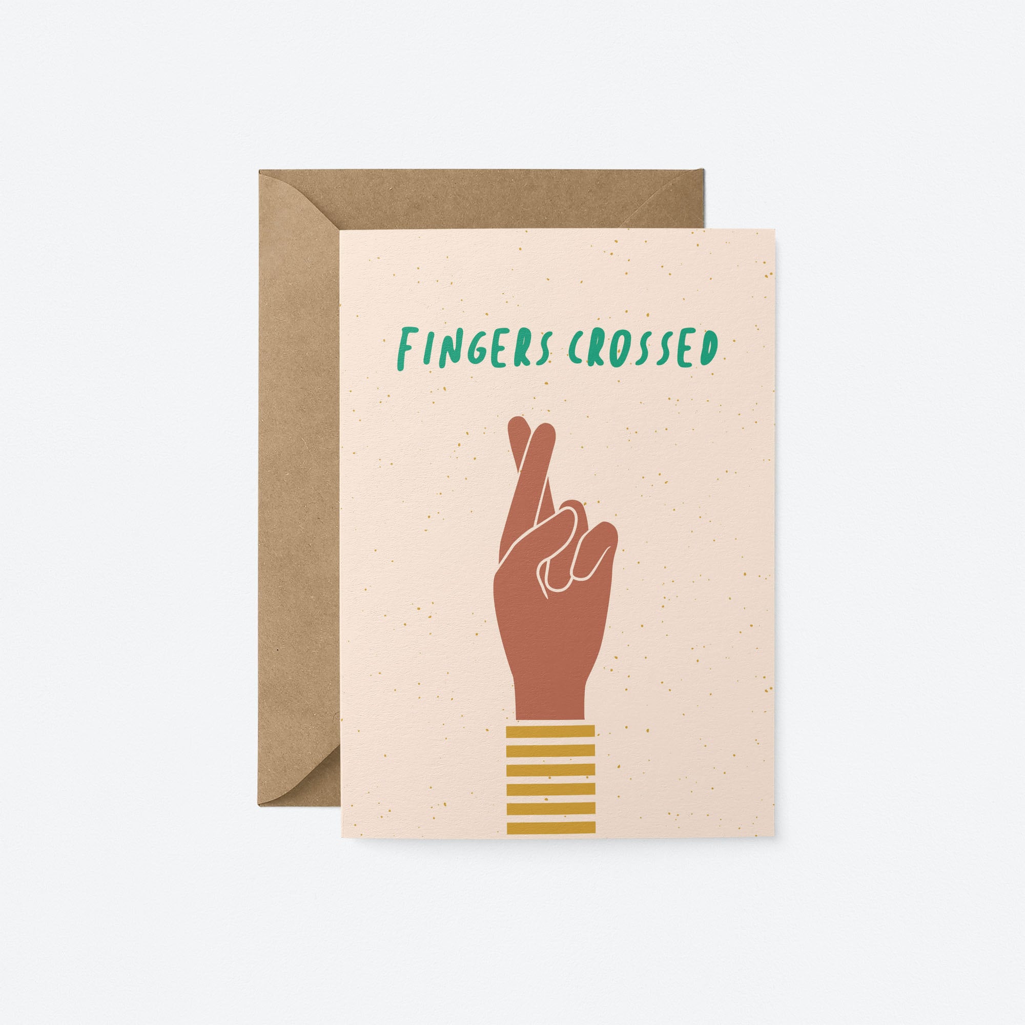 Good luck card with brown fingers crossed hand gesture and a text that says fingers crossed