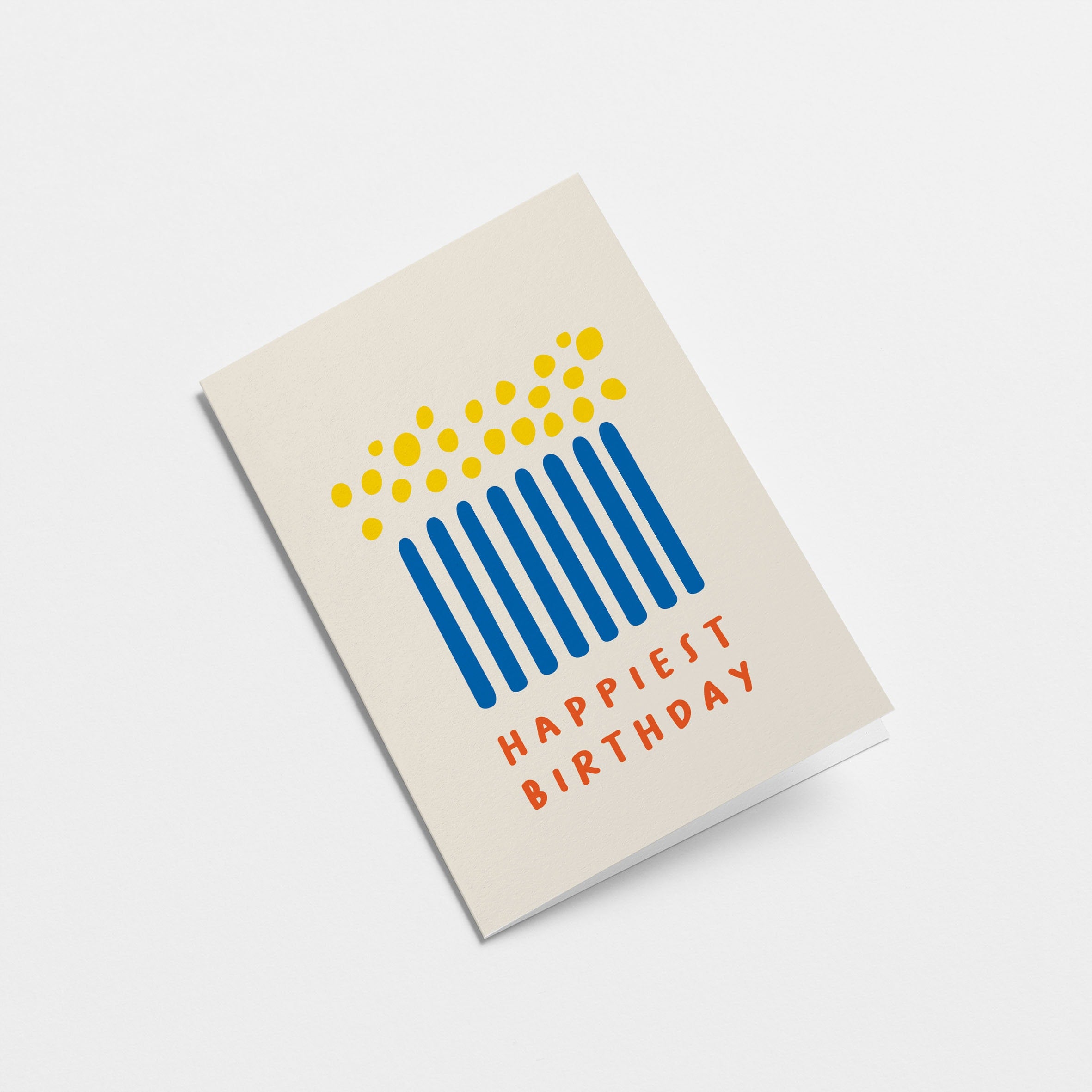 Birthday card with blue candle figures and yellow fire with a text that says Happiest Birthday