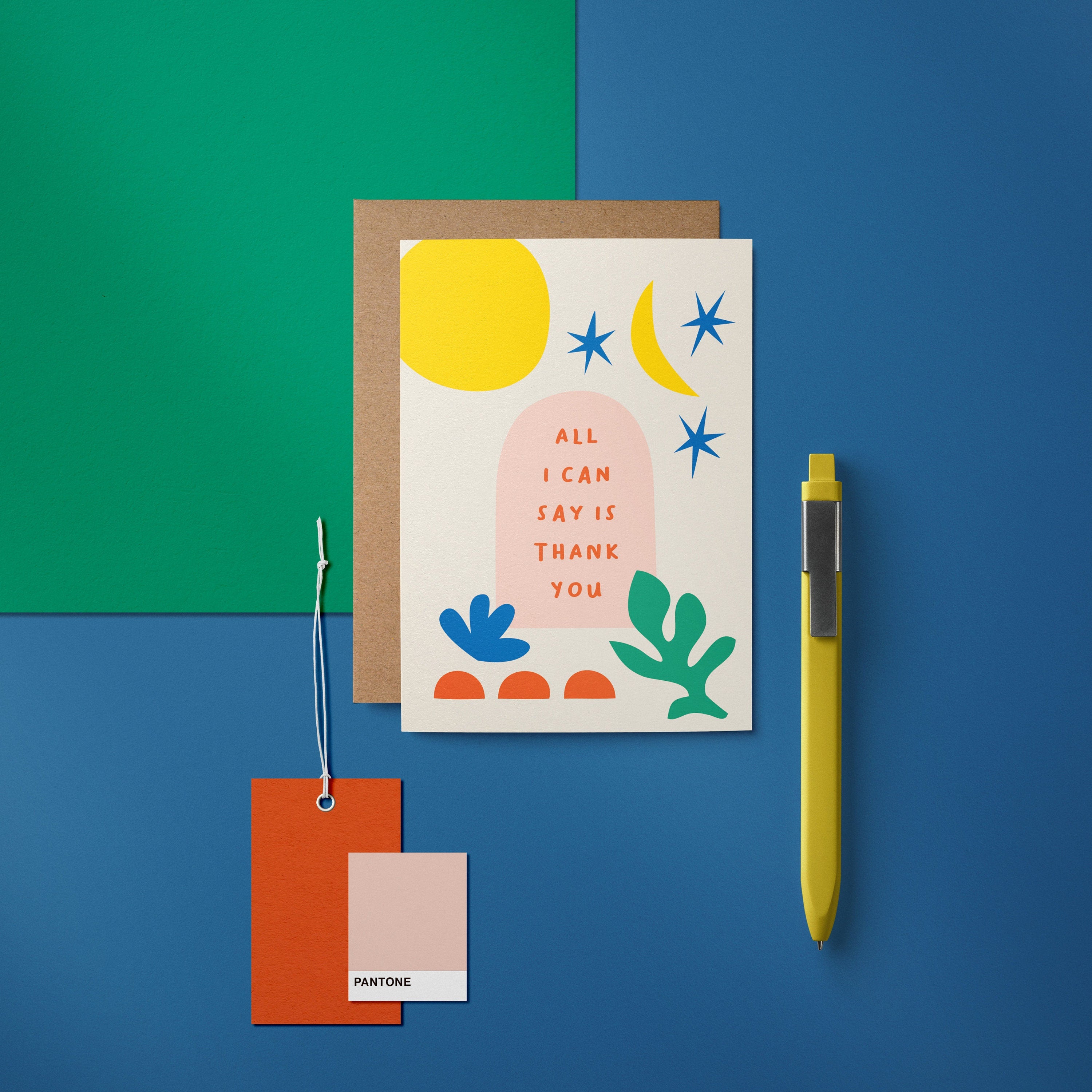 Thank you card with yellow sun, blue stars, crescent moon, green plant and a text that says All I can say is thank you