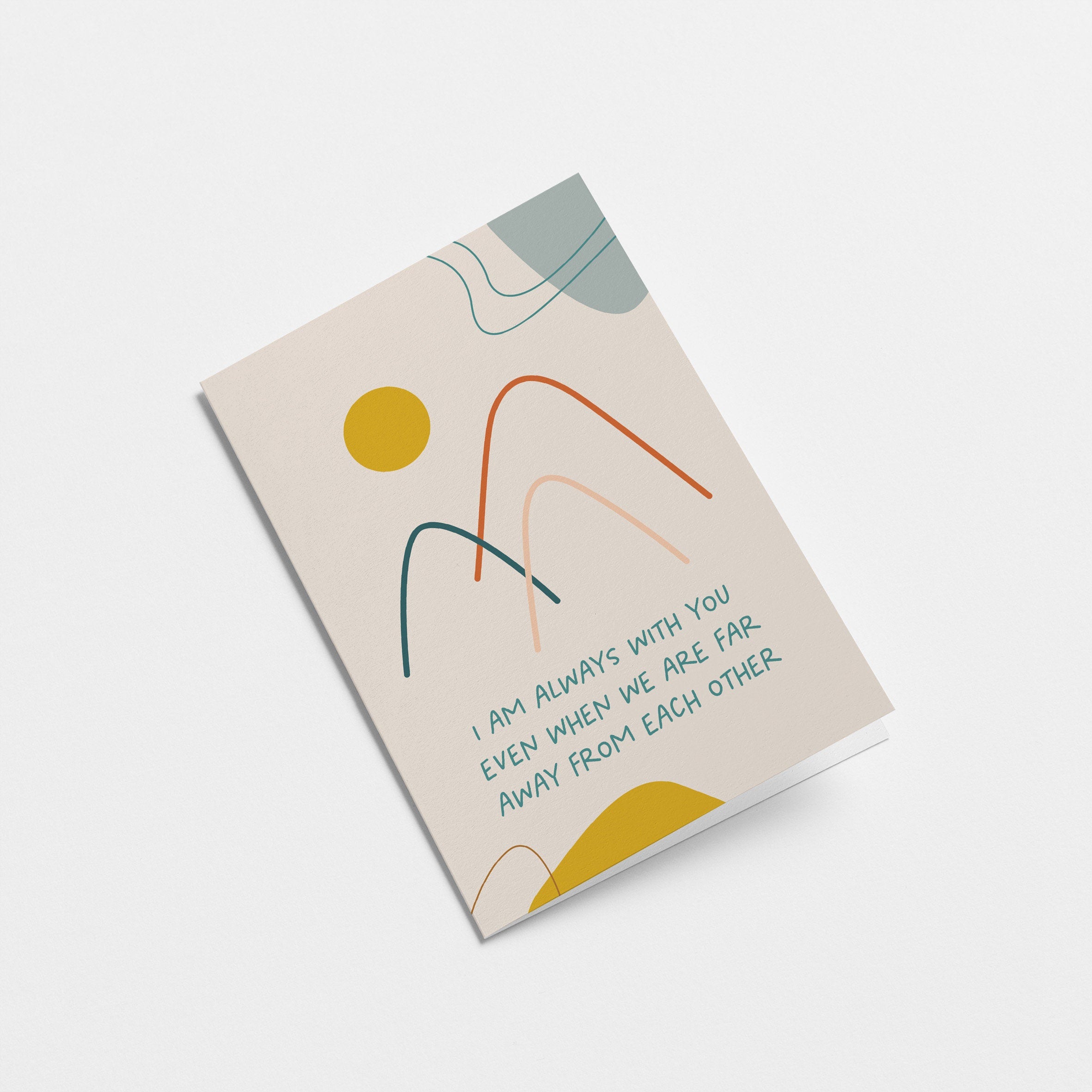 thinking of you card with mountain drawings and a yellow sun and a text that says i am always with you even when we are far away from each other