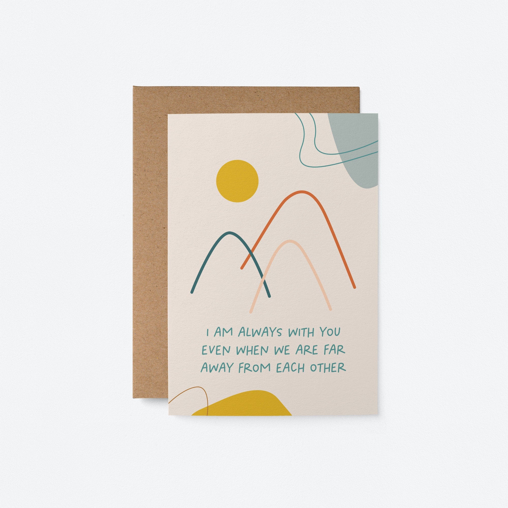 thinking of you card with mountain drawings and a yellow sun and a text that says i am always with you even when we are far away from each other