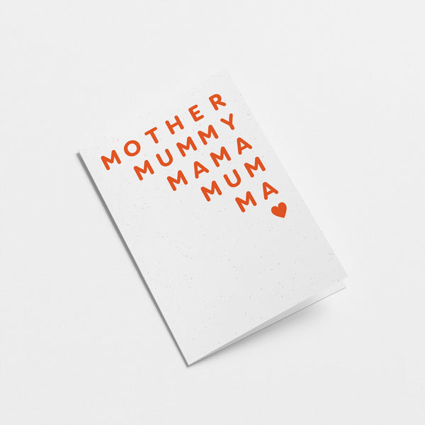 mother’s day card with a red text of mother mummy mama mum ma and a heart