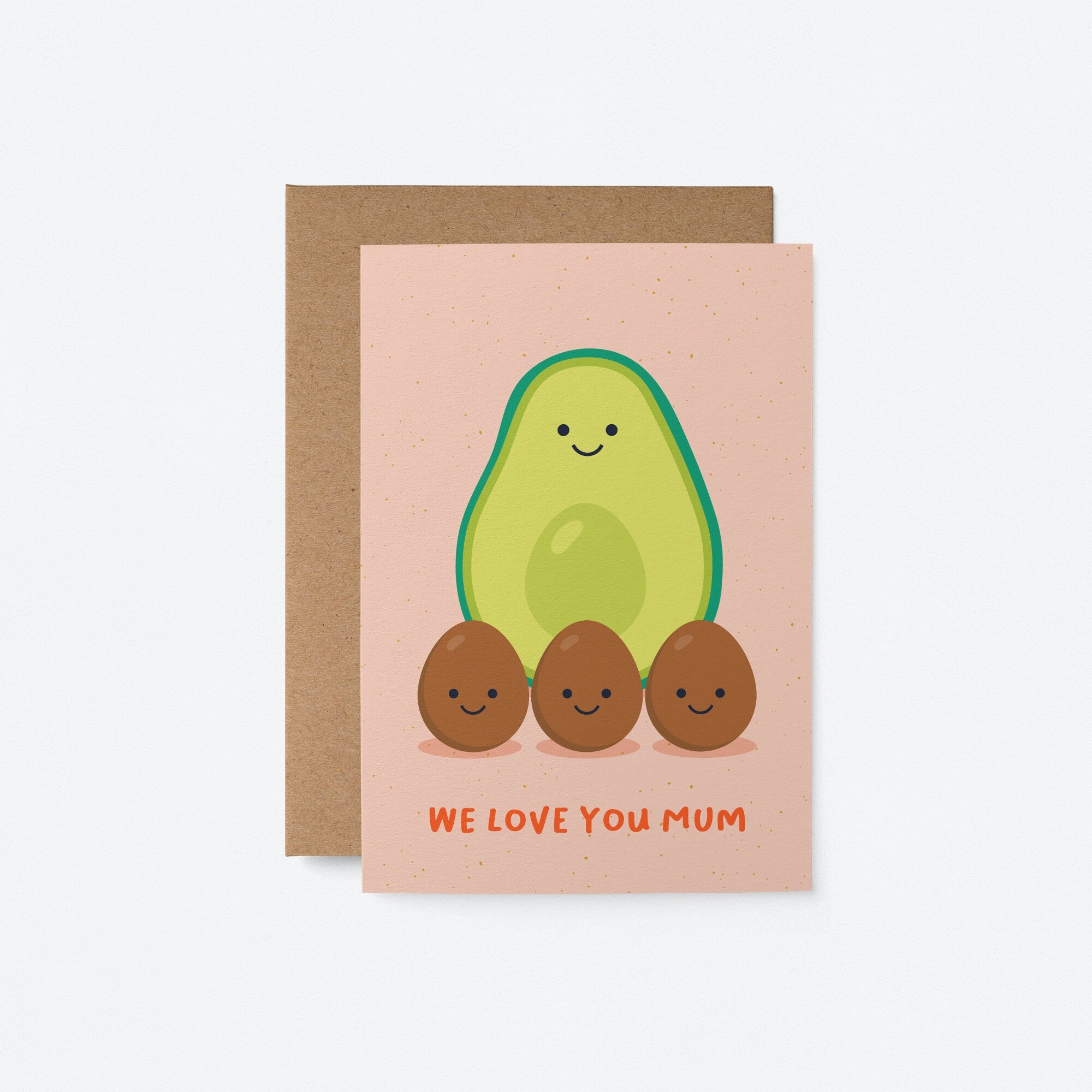 mother’s day card with a green avocado as a mother and three brown seeds as children and a text that says we love you mum