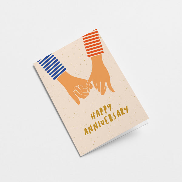 Anniversary card with two hand holding with little fingers and a text that says happy anniversary