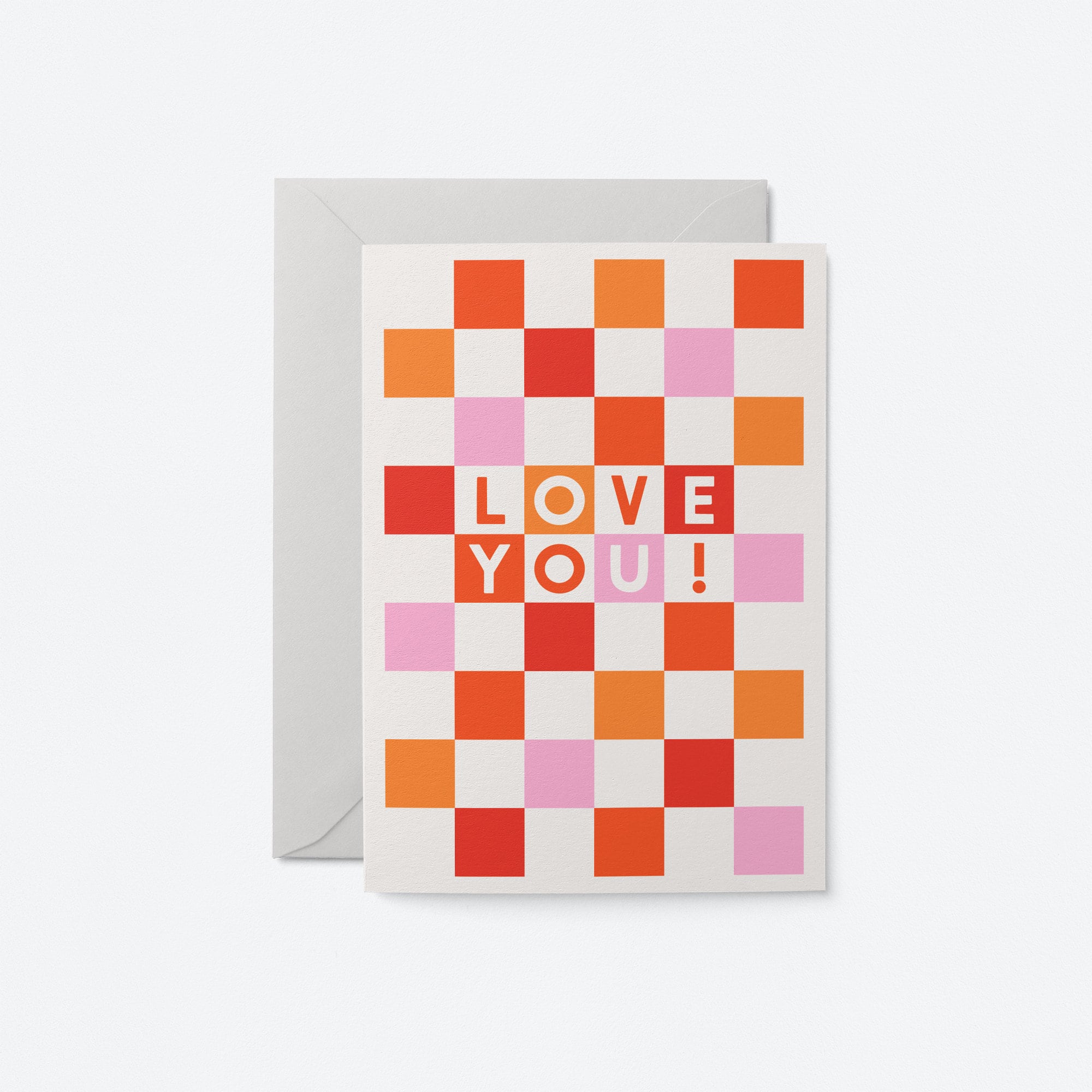 love you card featured trendy graphic design and red, pink and orange colours on white background.