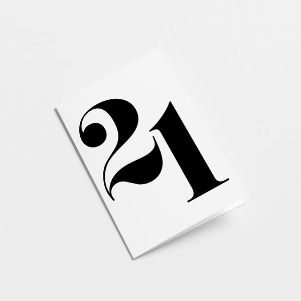 white 21st milestone age card with black number 21