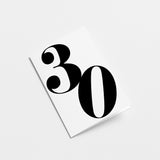 white 30th milestone age card with black number 30
