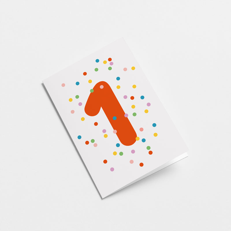 1st birthday age card with colorful confetti and red number 1