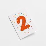 2nd birthday age card with colorful confetti and red number 2