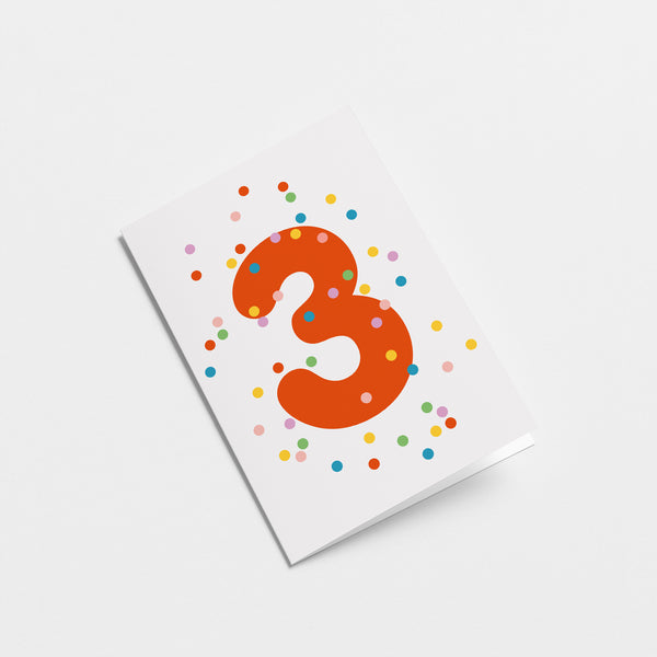 3rd birthday age card with colorful confetti and red number 3