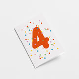 4th birthday age card with colorful confetti and red number 4