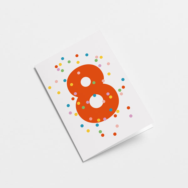 8th birthday age card with colorful confetti and red number 8