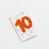 10th birthday age card with colorful confetti and red number 10