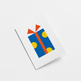 birthday card with a blue gift box with yellow dots and red ribbon