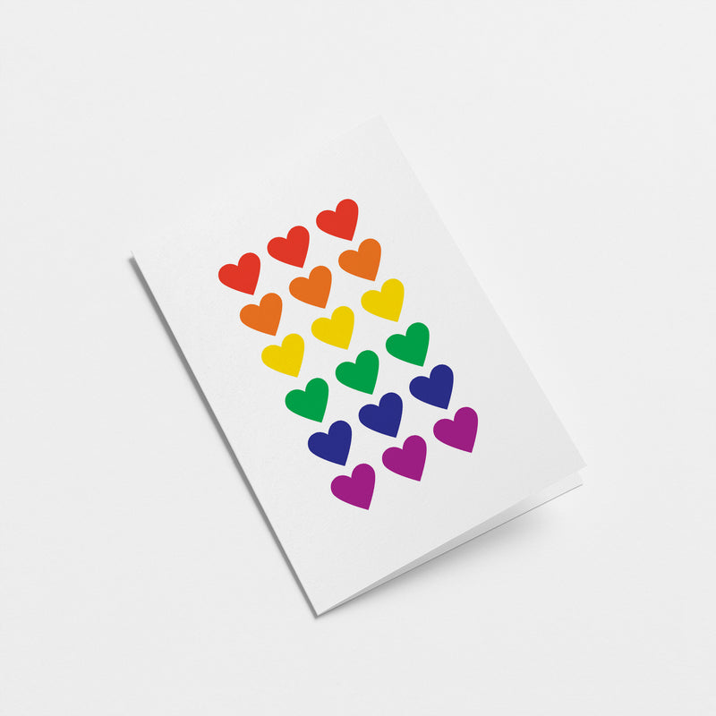 love card with eighteen heart figures with rainbow colors