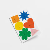 birthday card with colorful shapes with smiley faces