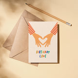 birthday card with 2 hands making heart shape with fingers and a text that says birthday love