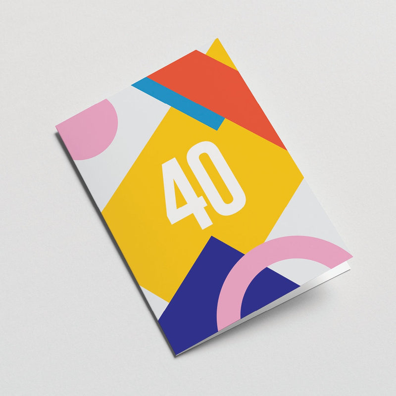40th milestone age card with red yellow blue pink figures and number 40