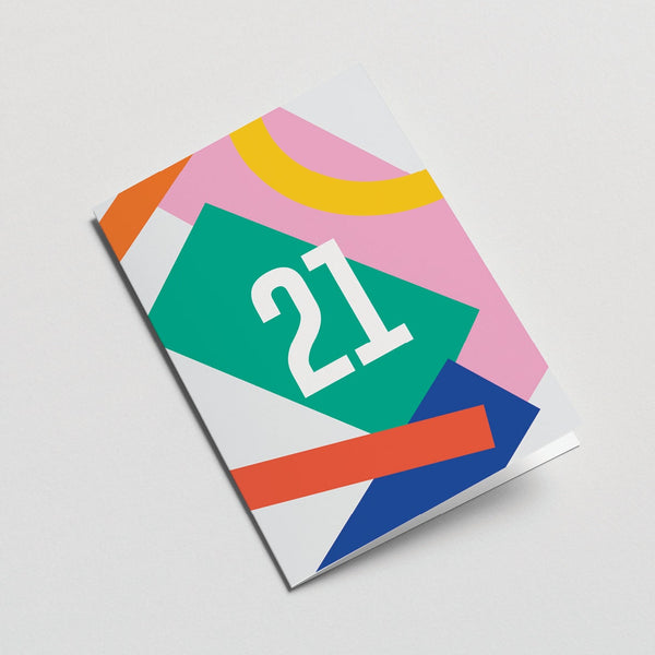 21st milestone age card with red yellow blue pink grey figures and number 21