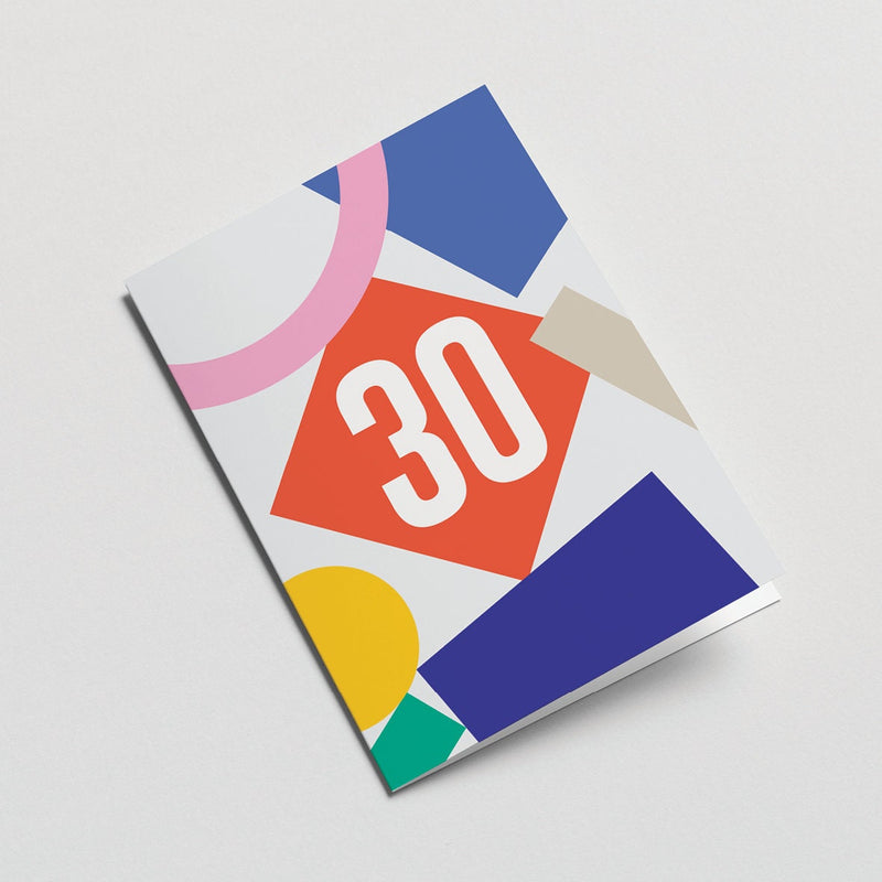 30th milestone age card with red yellow blue pink grey figures and number 30
