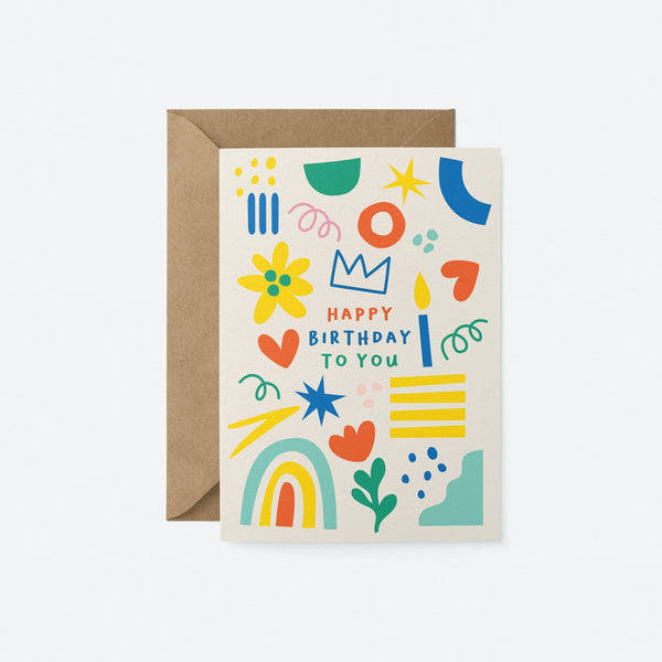 Birthday card with green, red, yellow, blue figures and a text that says happy birthday to you