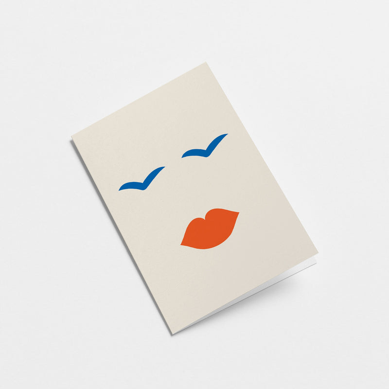 Love card with face shape, red lips, blue eyes