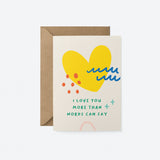 Love card with yellow heart figure, red dots and blue figures with a text that says I love you more than words can say