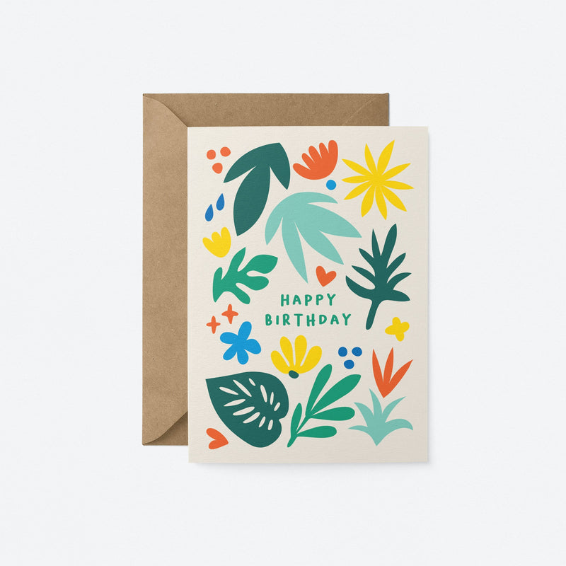Birthday card with colorful leafs and a yellow sun figure with a text that says happy birthday