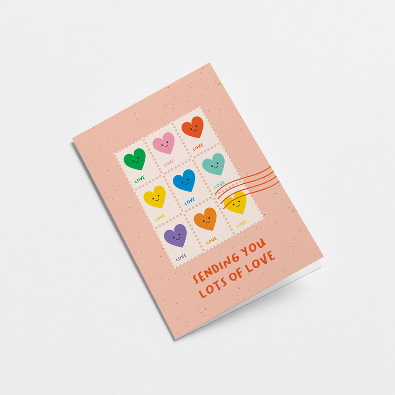Everyday greeting card with colorful heart shaped letter stamps and a text that says sending you lots of love