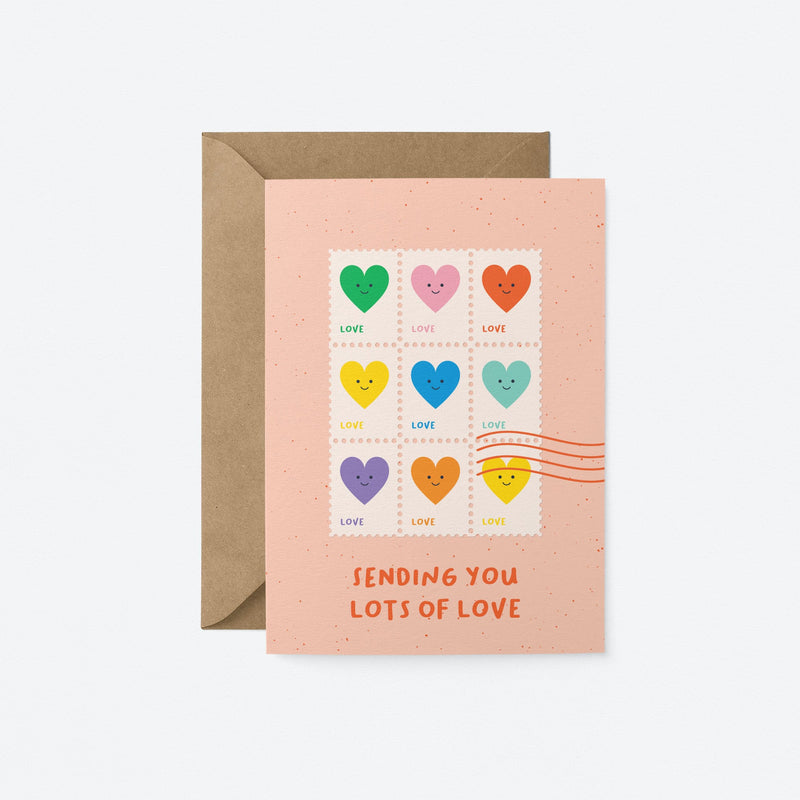 Everyday greeting card with colorful heart shaped letter stamps and a text that says sending you lots of love