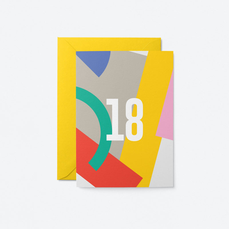 18th milestone age card with red yellow blue pink grey figures and number 18