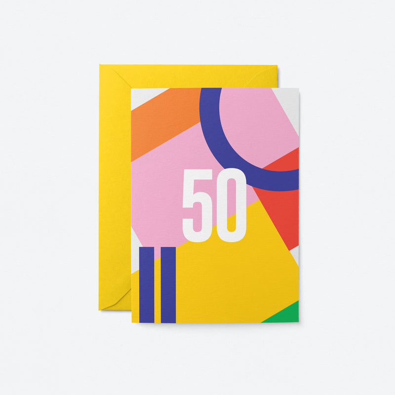 50th milestone age card with red yellow blue pink orange figures and number 50
