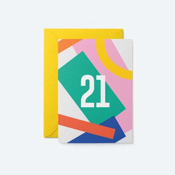 21st milestone age card with red yellow blue pink grey figures and number 21