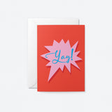birthday card with red and pink shapes with a text that says yay!