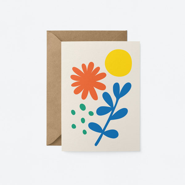 greeting card with red and blue flower, green dots and yellow sun