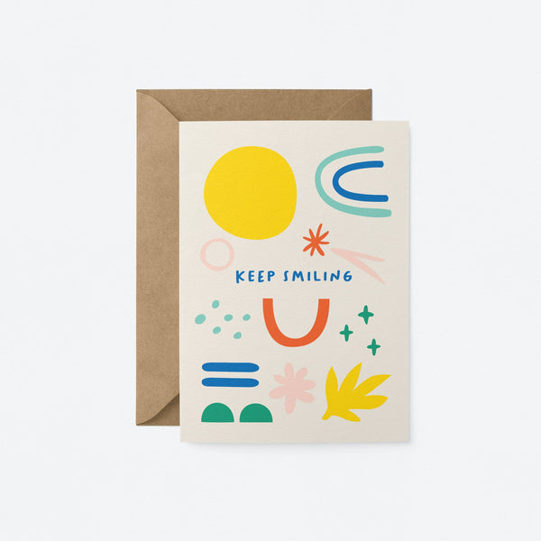 Love card with yellow sun, blue,red,green,yellow figures and a text thay says Keep smiling