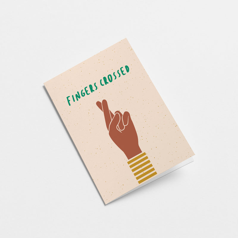 Good luck card with brown fingers crossed hand gesture and a text that says fingers crossed
