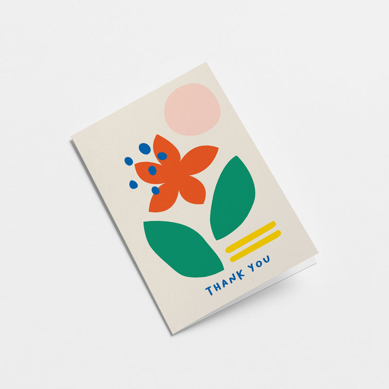 thank you card with red flower, pink sun, green leafs and a text that says thank you