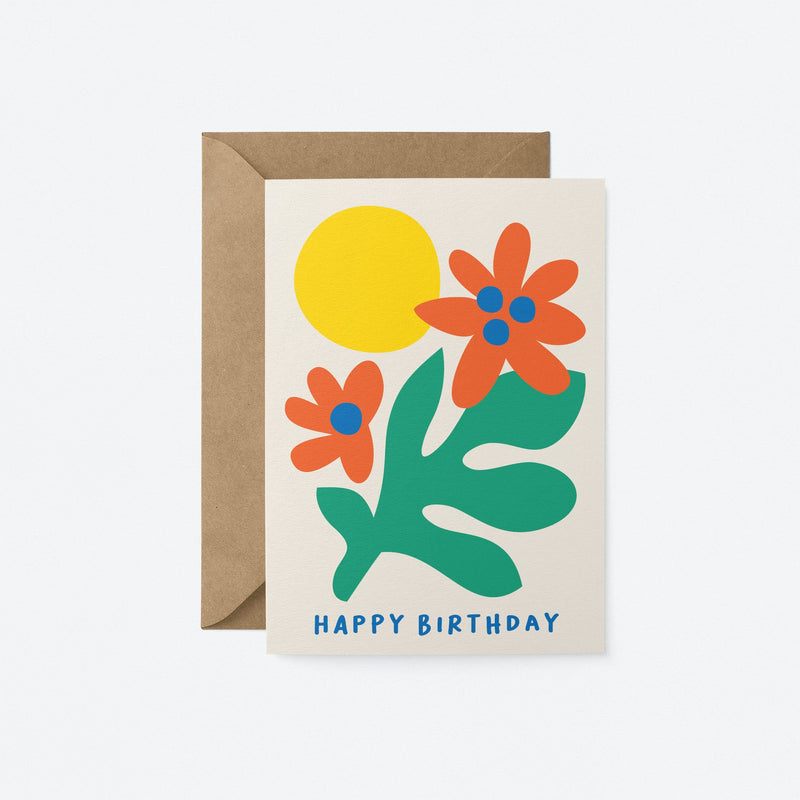 Birthday card with green plant, red and blue flowers and yellow sun with a text that says happy birthday
