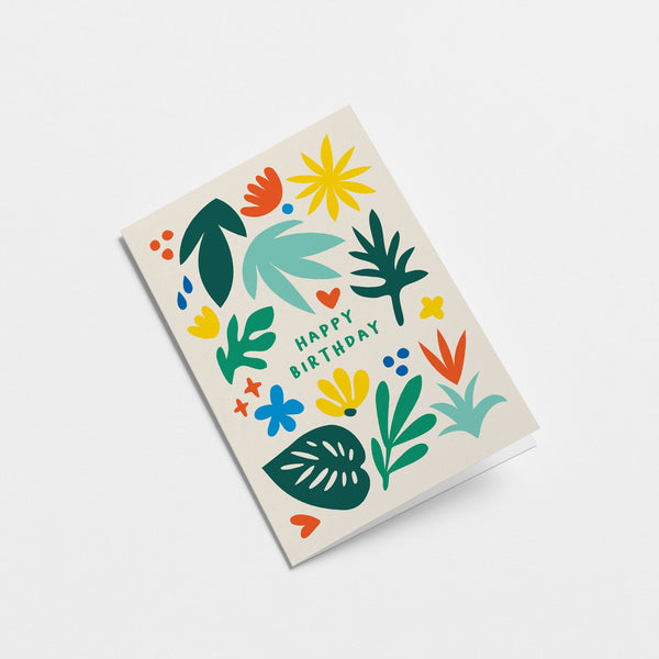 Birthday card with colorful leafs and a yellow sun figure with a text that says happy birthday