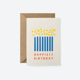 Birthday card with blue candle figures and yellow fire with a text that says Happiest Birthday