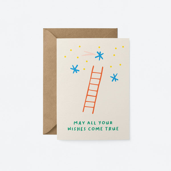 Birthday card with a red ladder and blue stars and a text that says May all your wishes come true