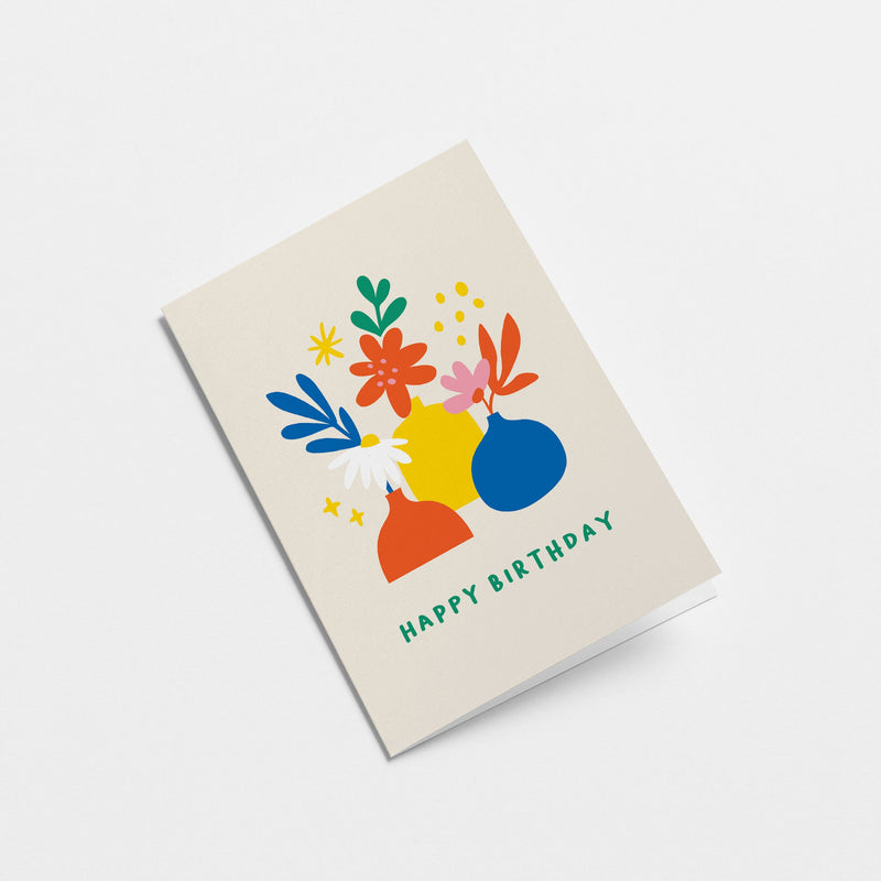 Birthday card with red,blue,yellow,green flowers in red,yellow,blue flowerpots with a text that says happy birthday