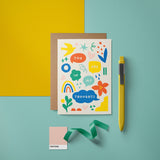 Greeting card with yellow, red, blue, green, pink figures and a text that says You are in my thoughts