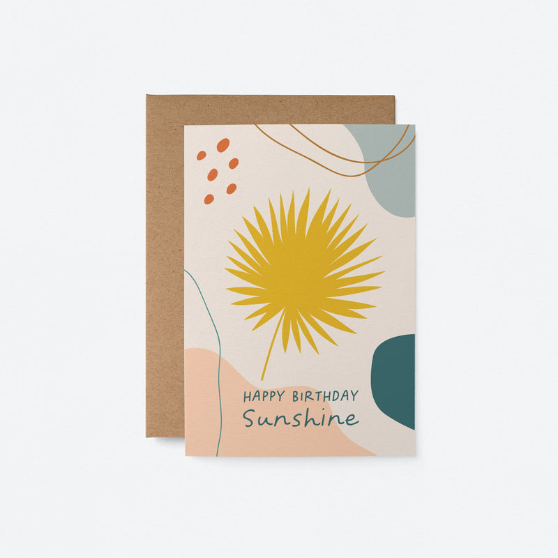 birthday card with a yellow leaf and colorful figures and a text that says happy birthday sunshine