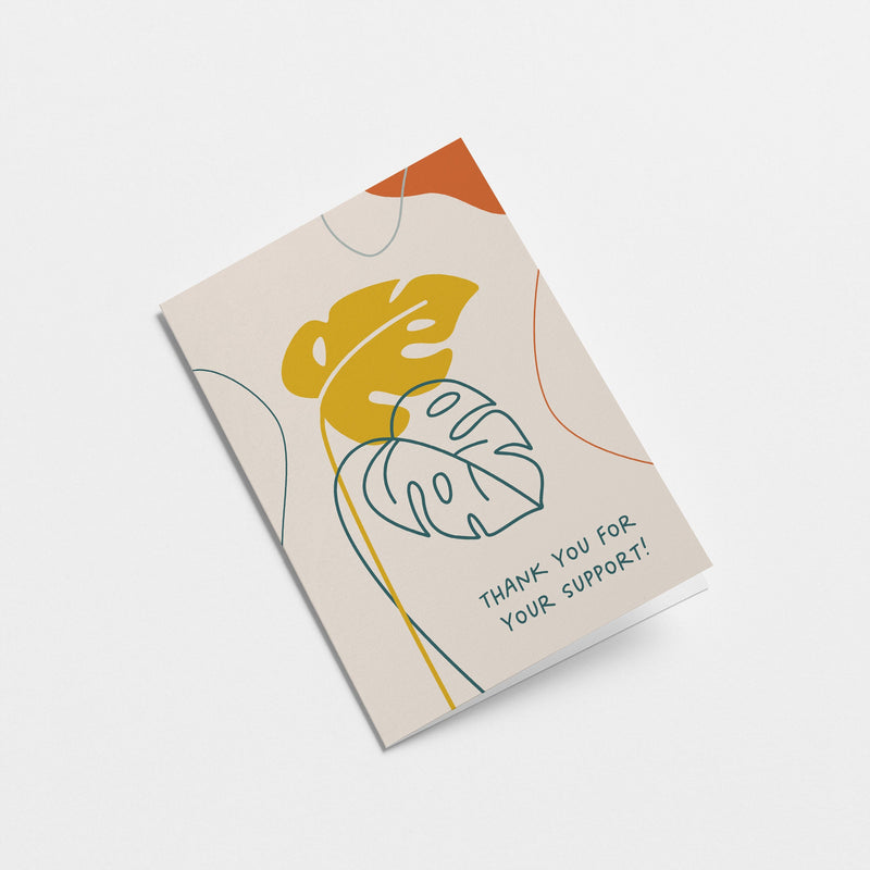 thank you card with yellow and green leaf drawings and a text that says thank you for your support